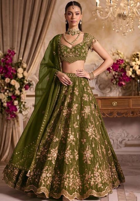 Olive Green Embroidered Bridal Lehenga Set — view on Indya