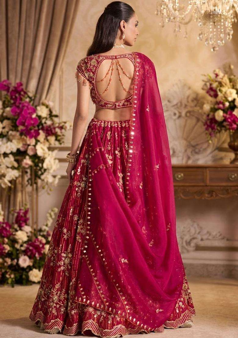 Magenta Embroidered Bridal Lehenga Set - Indya