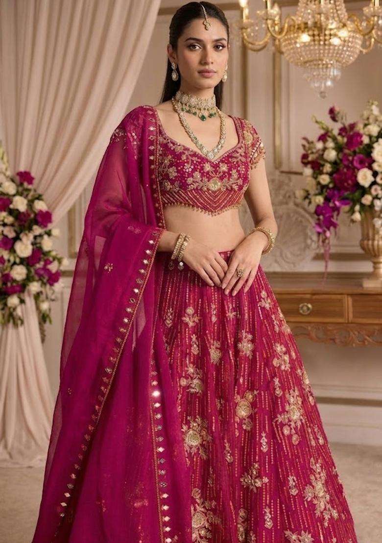 Magenta Embroidered Bridal Lehenga Set - Indya