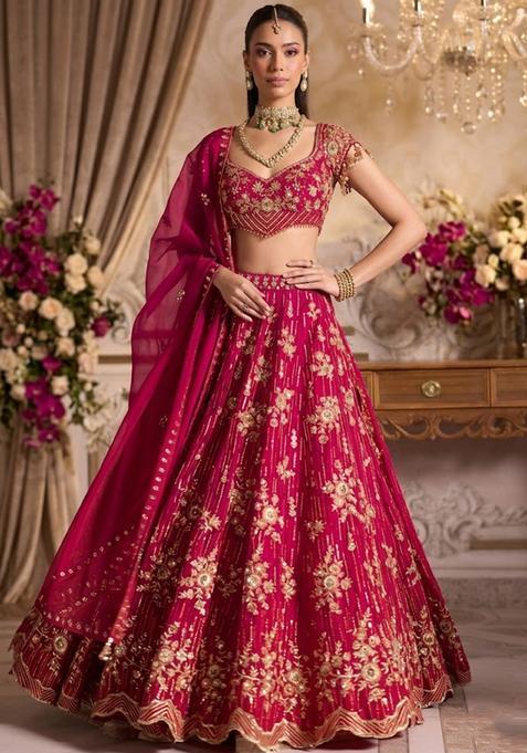 Magenta Embroidered Bridal Lehenga Set — view on Indya