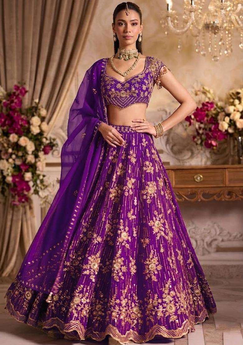 Purple Embroidered Bridal Lehenga Set - Indya