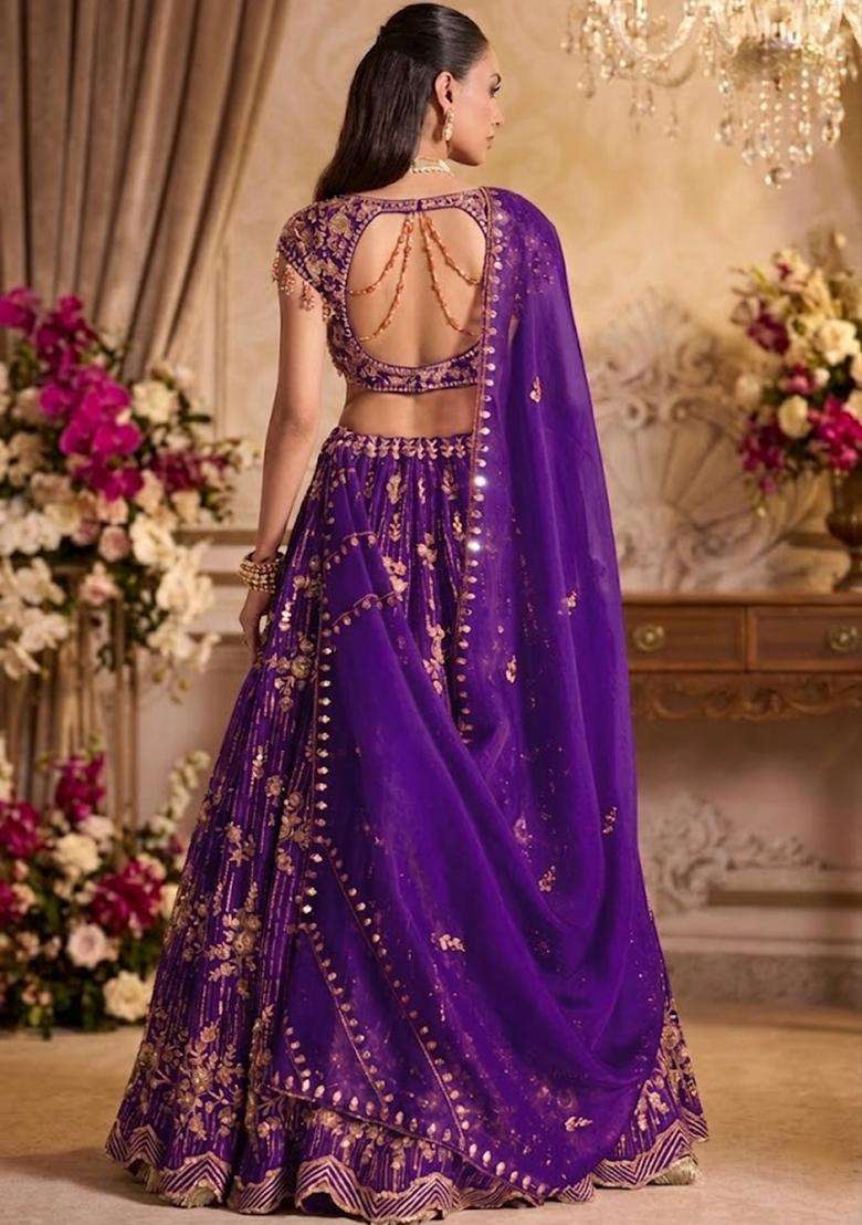 Purple Embroidered Bridal Lehenga Set - Indya