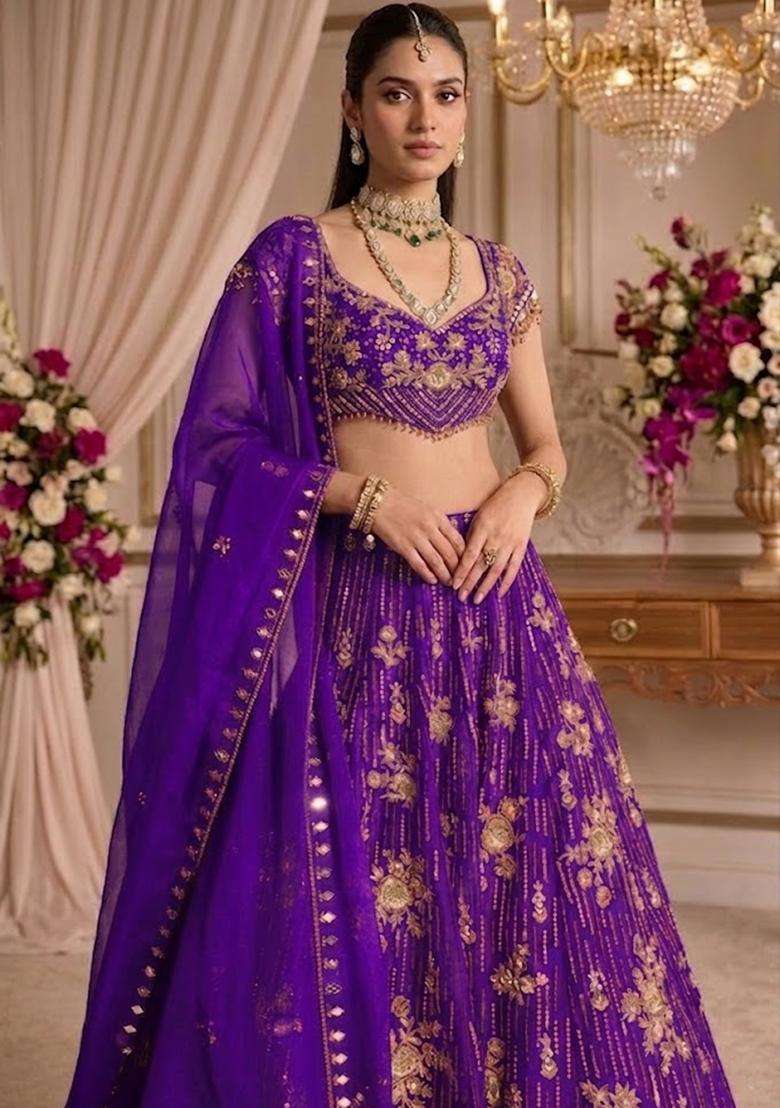 Purple Embroidered Bridal Lehenga Set - Indya