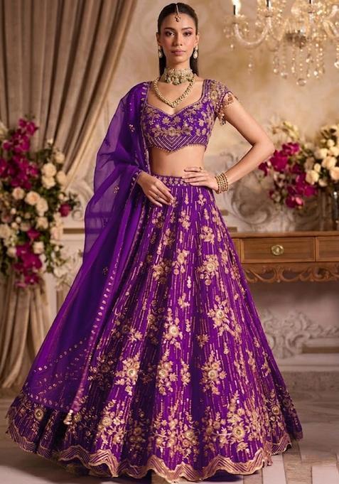 Purple Embroidered Bridal Lehenga Set — view on Indya