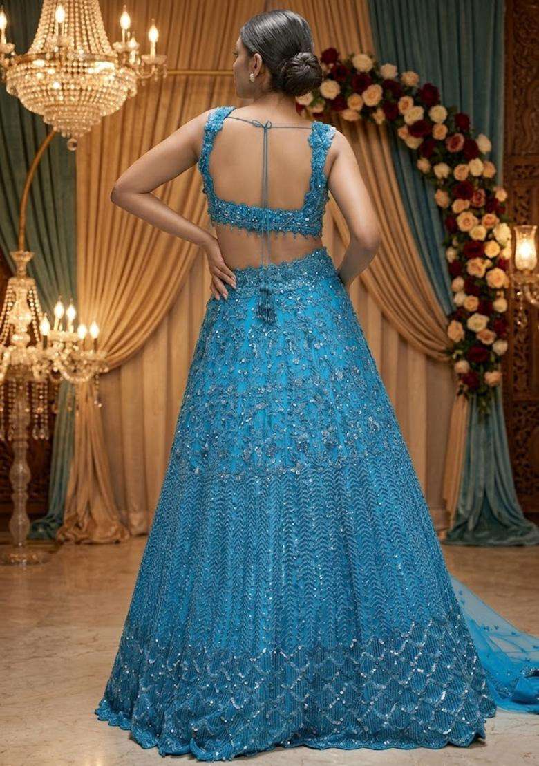 Teal Blue Embroidered Bridal Lehenga Set - Indya