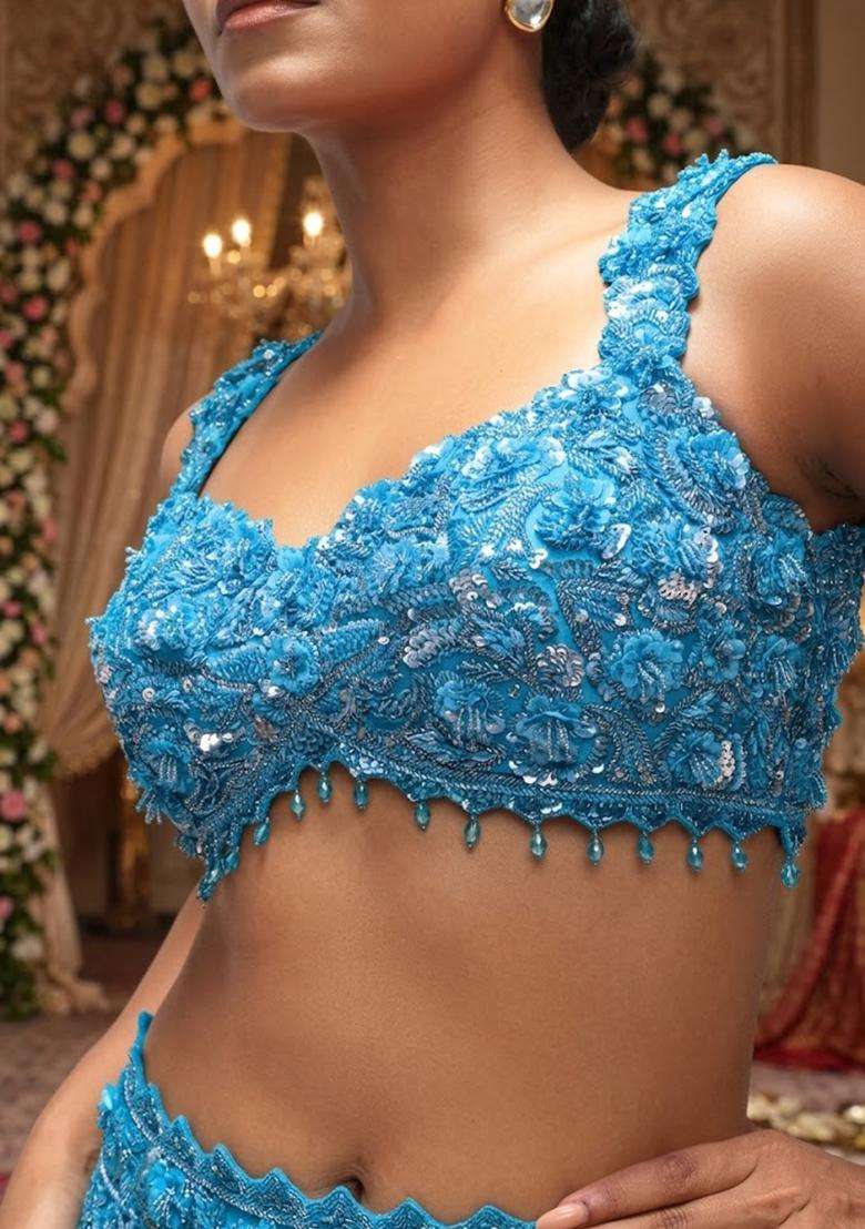 Teal Blue Embroidered Bridal Lehenga Set - Indya
