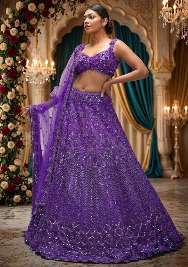 Purple Embroidered Bridal Lehenga Set - Indya