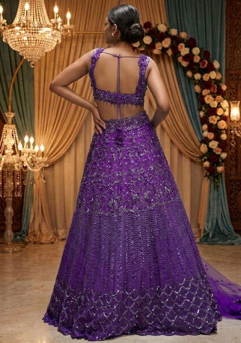 Purple Embroidered Bridal Lehenga Set - Indya
