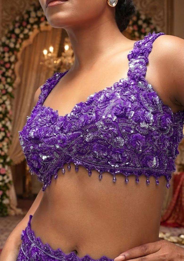 Purple Embroidered Bridal Lehenga Set - Indya