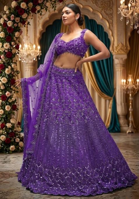 Purple Embroidered Bridal Lehenga Set — view on Indya