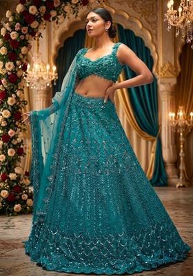 Teal  Embroidered Bridal Lehenga Set