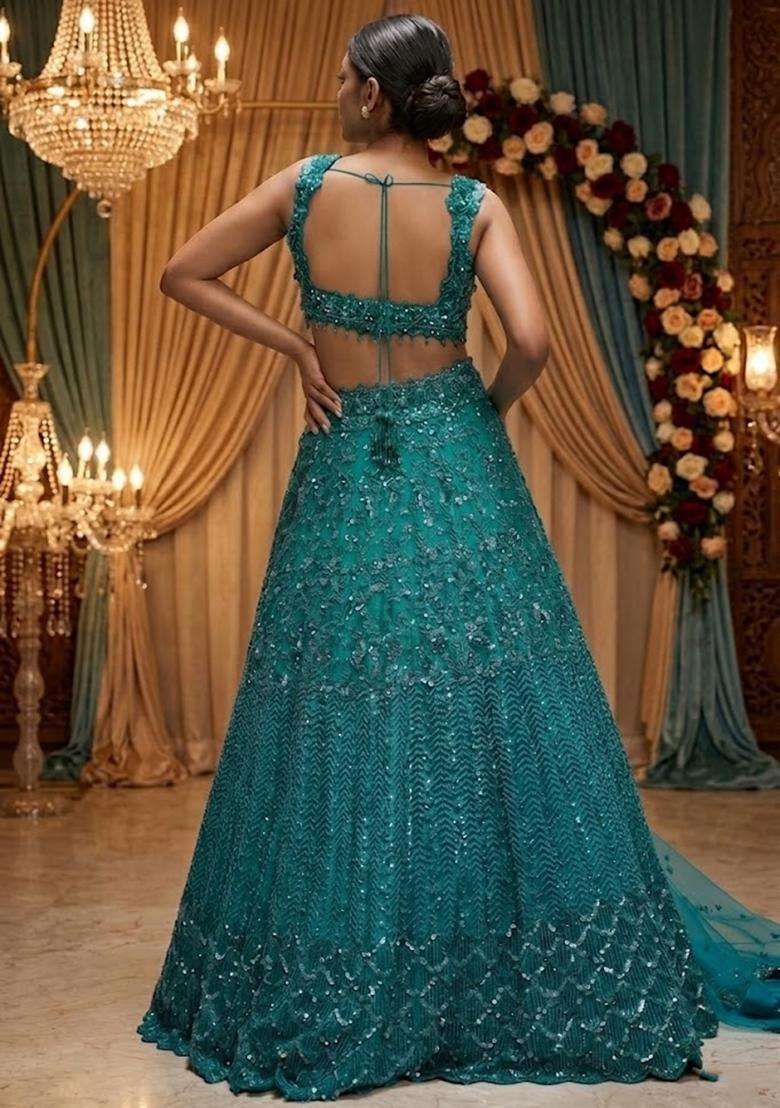 Teal  Embroidered Bridal Lehenga Set - Indya