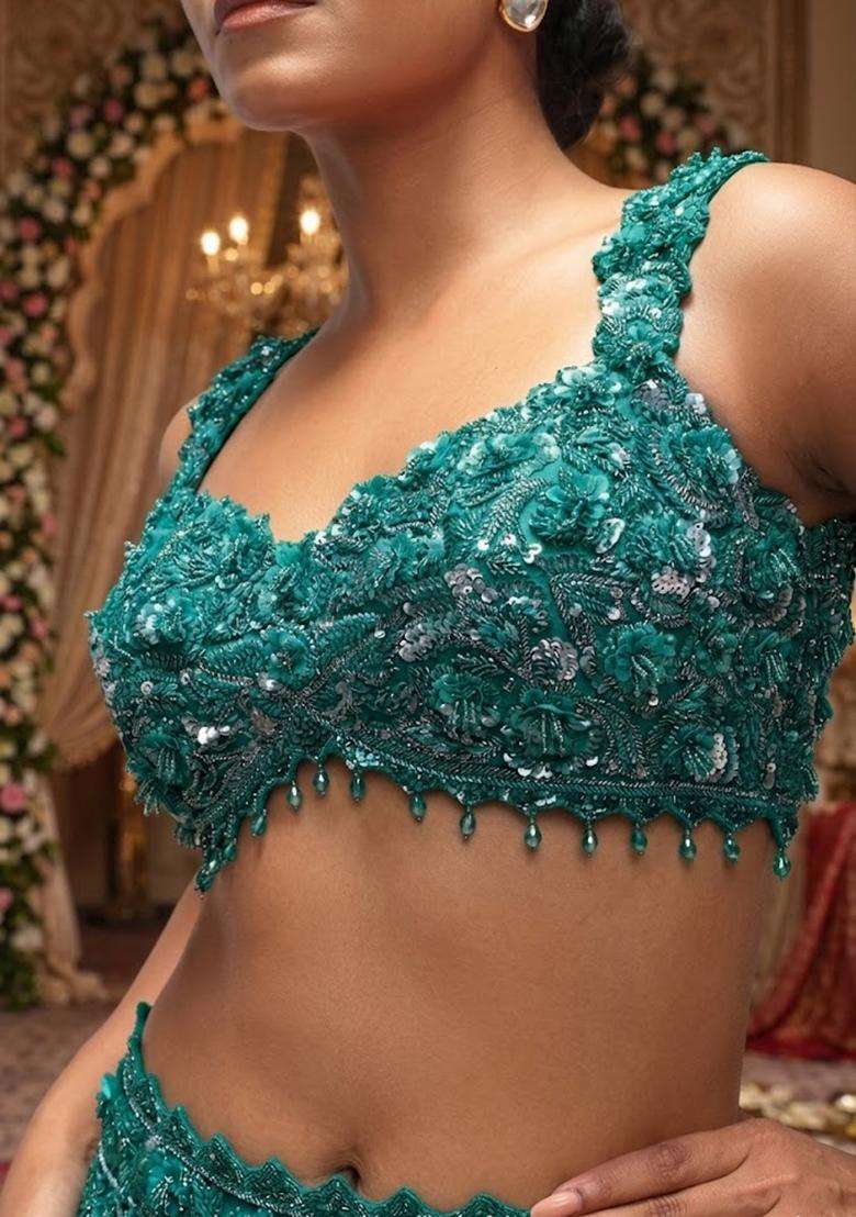 Teal  Embroidered Bridal Lehenga Set - Indya