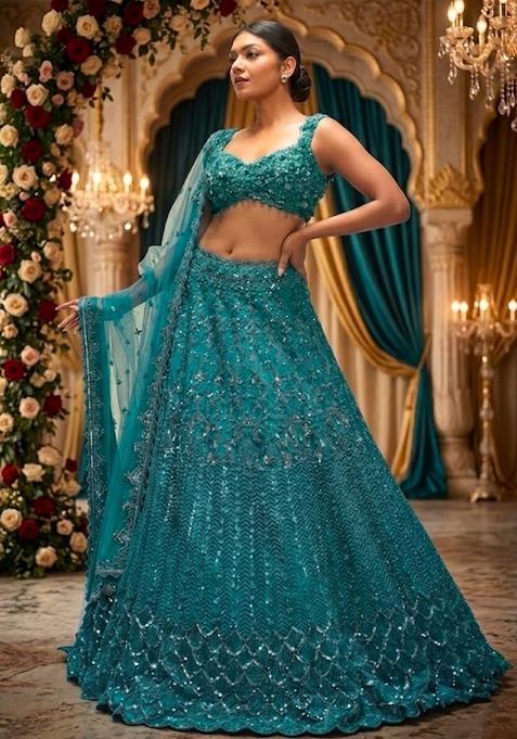 Teal Embroidered Bridal Lehenga Set — view on Indya