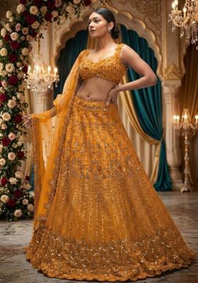 Mustard Yellow  Embroidered Bridal Lehenga Set