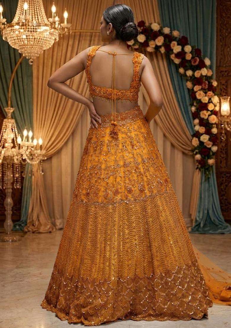 Mustard Yellow  Embroidered Bridal Lehenga Set - Indya
