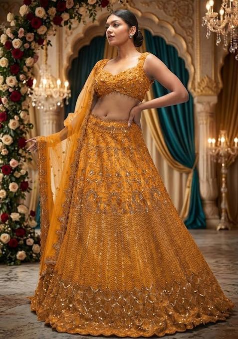 Mustard Yellow Embroidered Bridal Lehenga Set — view on Indya
