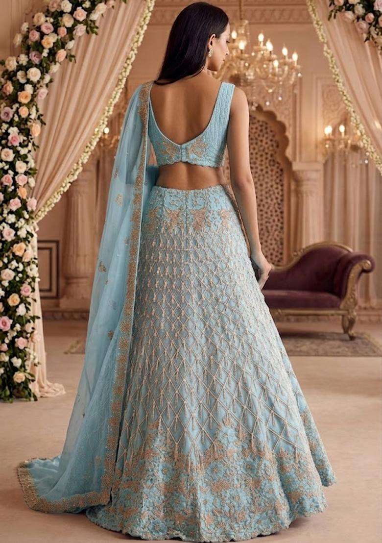 Ice Blue Embroidered Bridal Lehenga Set - Indya