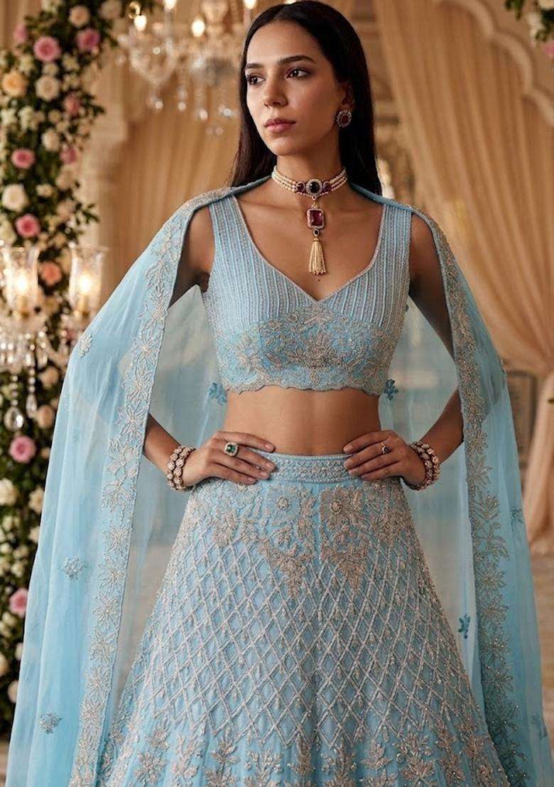 Ice Blue Embroidered Bridal Lehenga Set - Indya