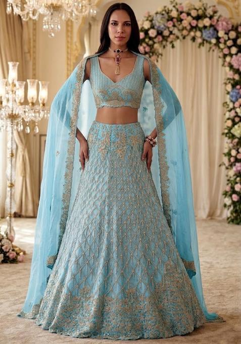 Ice Blue Embroidered Bridal Lehenga Set — view on Indya