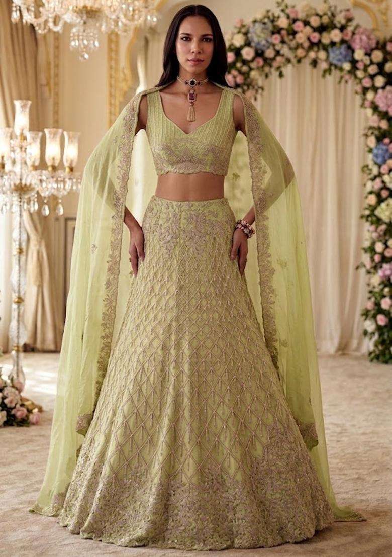 Light Green Embroidered Bridal Lehenga Set - Indya