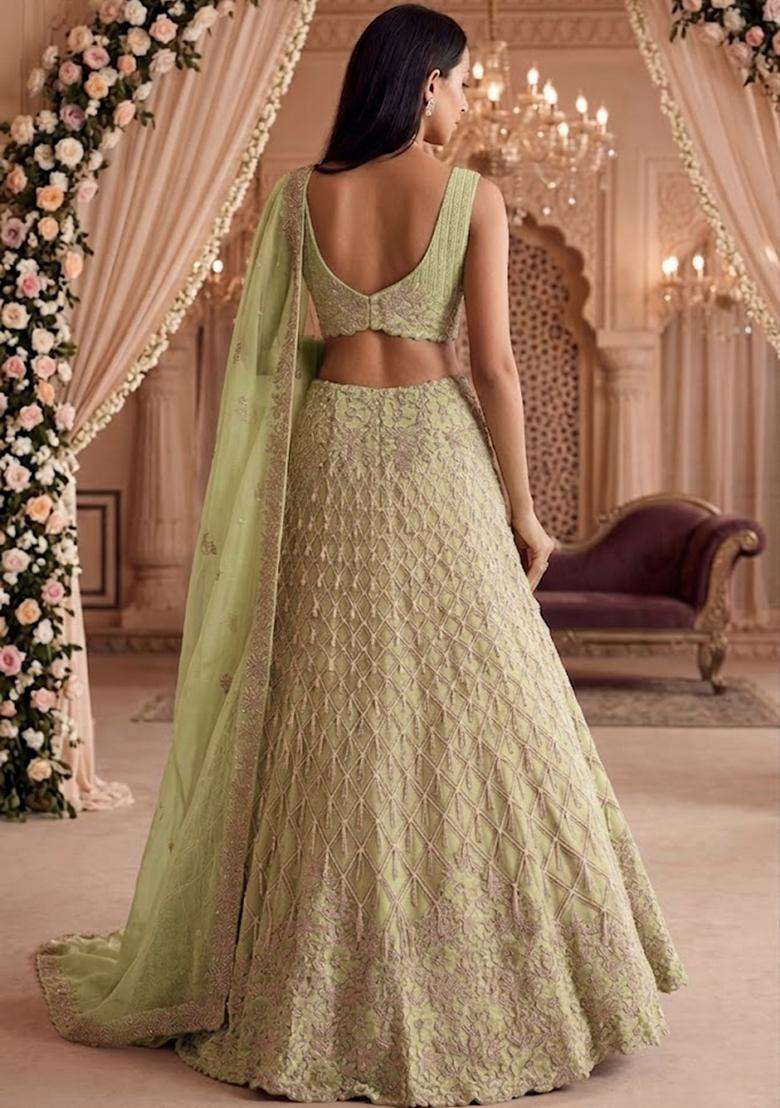 Light Green Embroidered Bridal Lehenga Set - Indya