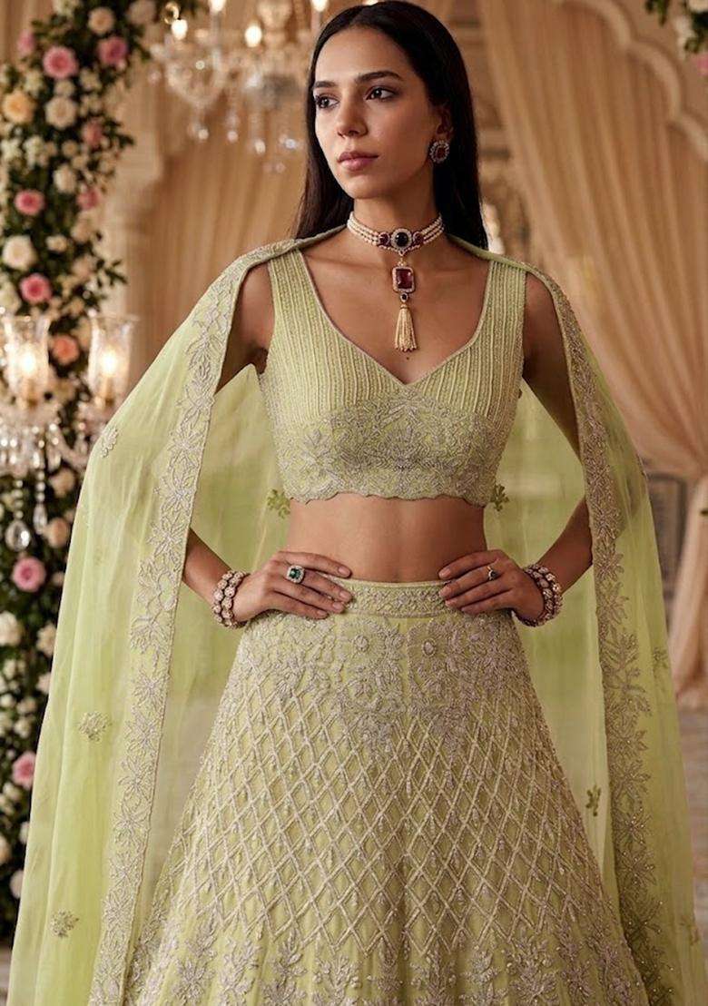 Light Green Embroidered Bridal Lehenga Set - Indya