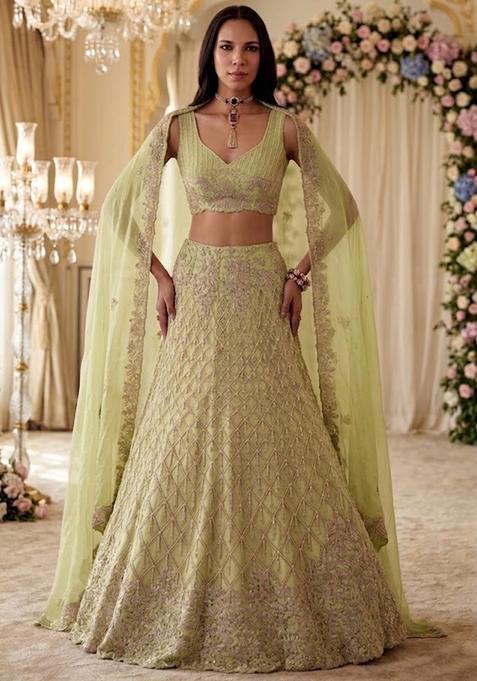 Light Green Embroidered Bridal Lehenga Set — view on Indya