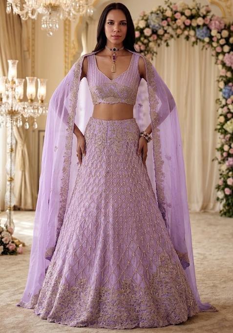 Lavendar Embroidered Bridal Lehenga Set — view on Indya