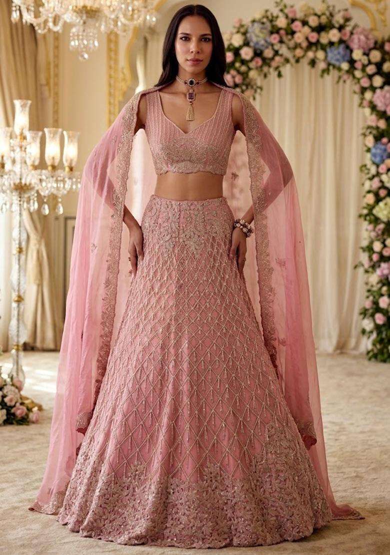 Rose Pink Embroidered Bridal Lehenga Set - Indya