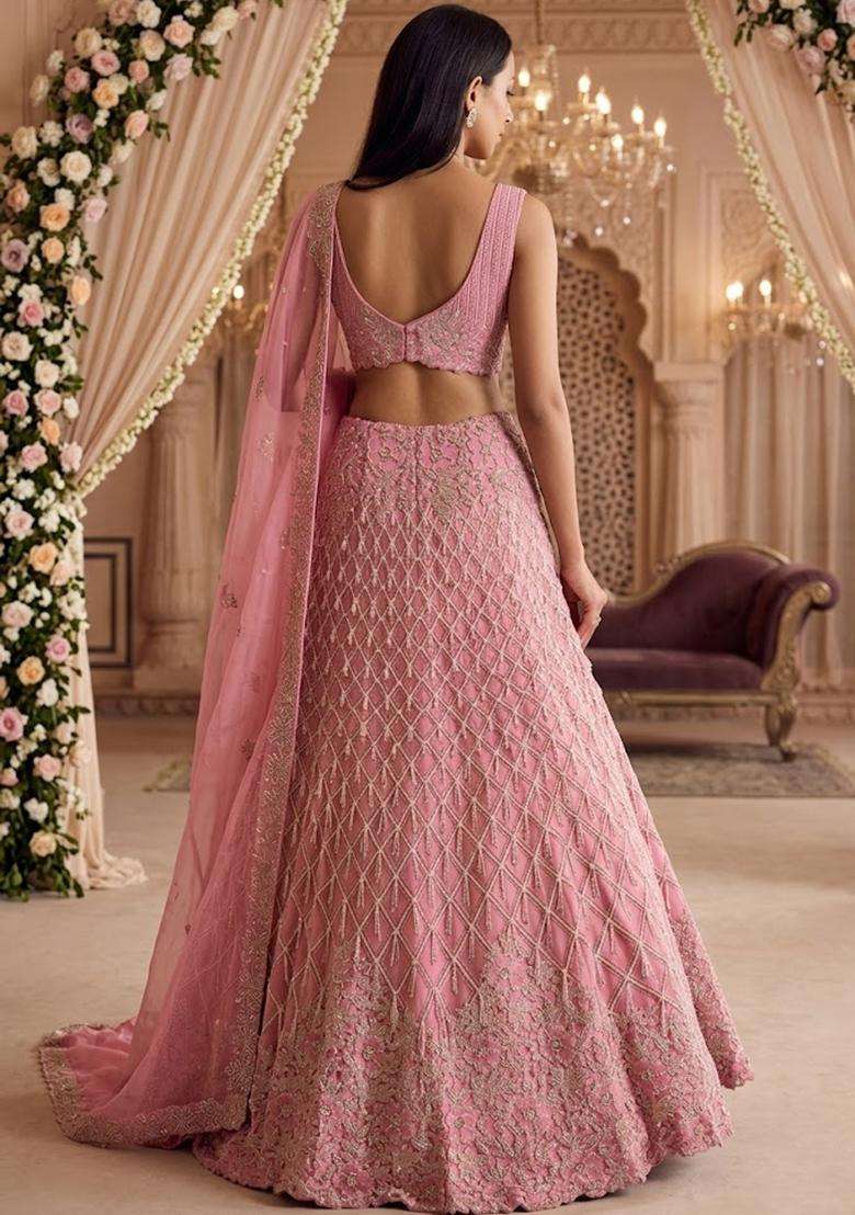 Rose Pink Embroidered Bridal Lehenga Set - Indya