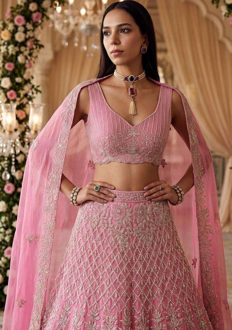 Rose Pink Embroidered Bridal Lehenga Set - Indya