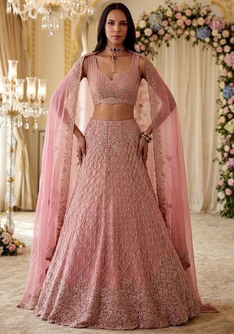Rose Pink Embroidered Bridal Lehenga Set — view on Indya
