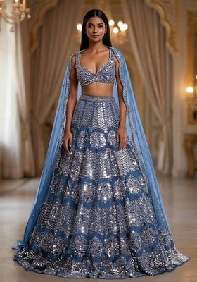 Steel Blue Sequin Bridal Lehenga Set