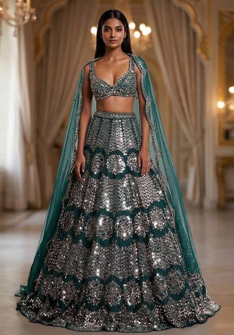 Teal Sequin Bridal Lehenga Set — view on Indya