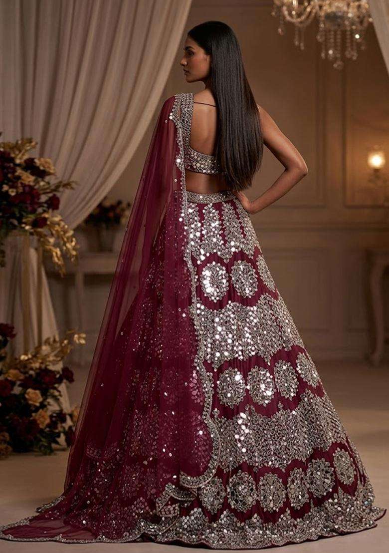 Maroon  Sequin Bridal Lehenga Set - Indya