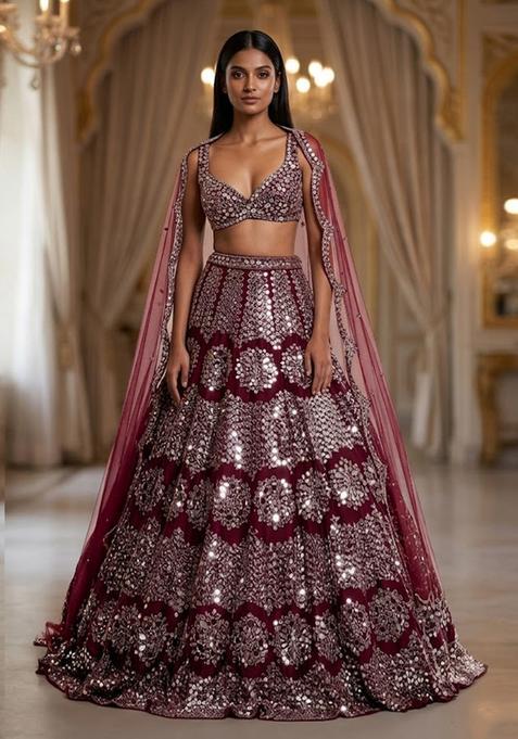 Maroon Sequin Bridal Lehenga Set — view on Indya