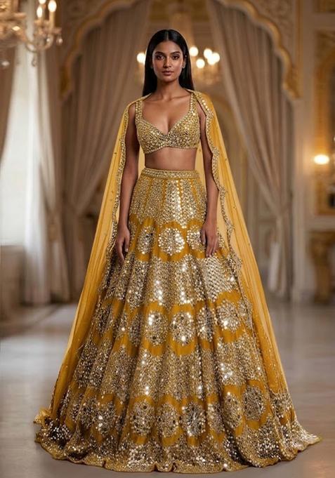 Yellow Sequin Bridal Lehenga Set — view on Indya