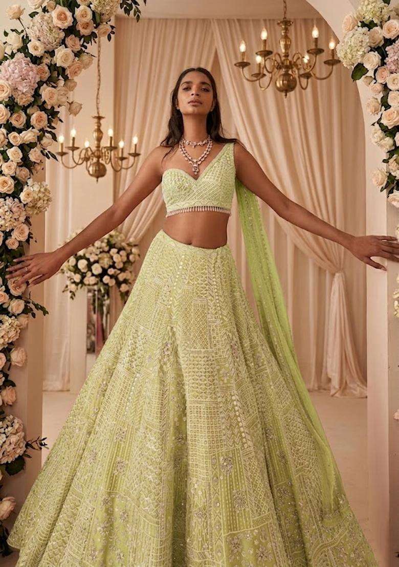 Pista Green Embroidered Bridal Lehenga Set - Indya