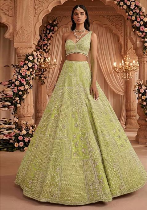 Pista Green Embroidered Bridal Lehenga Set — view on Indya