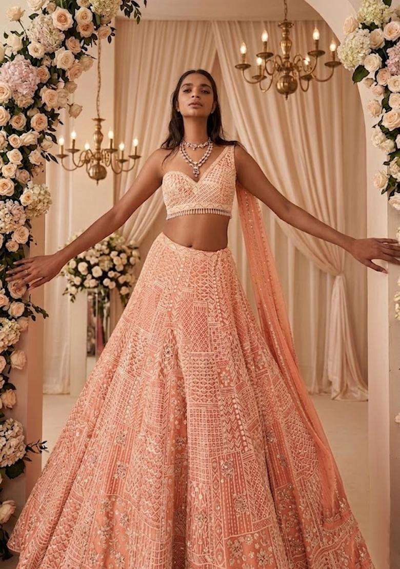 Peach  Embroidered Bridal Lehenga Set - Indya