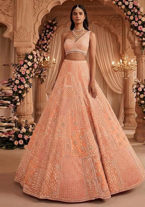 Peach Embroidered Bridal Lehenga Set — view on Indya