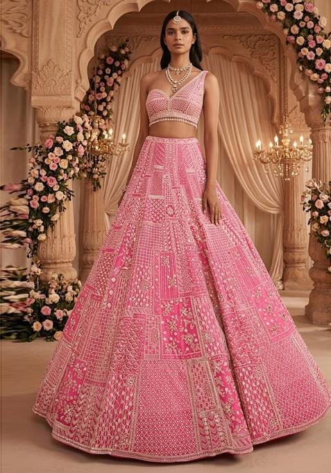 Rose Pink Embroidered Bridal Lehenga Set — view on Indya