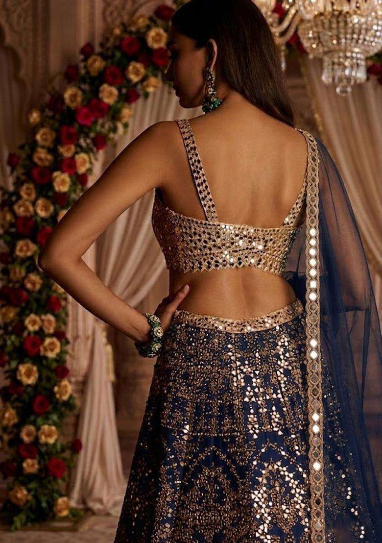 Navy Blue Embroidered Bridal Lehenga Set - Indya