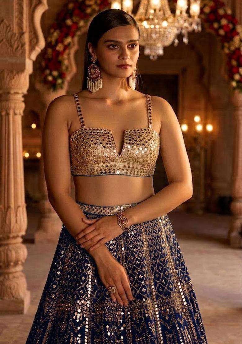 Navy Blue Embroidered Bridal Lehenga Set - Indya