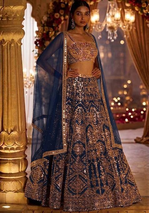 Navy Blue Embroidered Bridal Lehenga Set — view on Indya