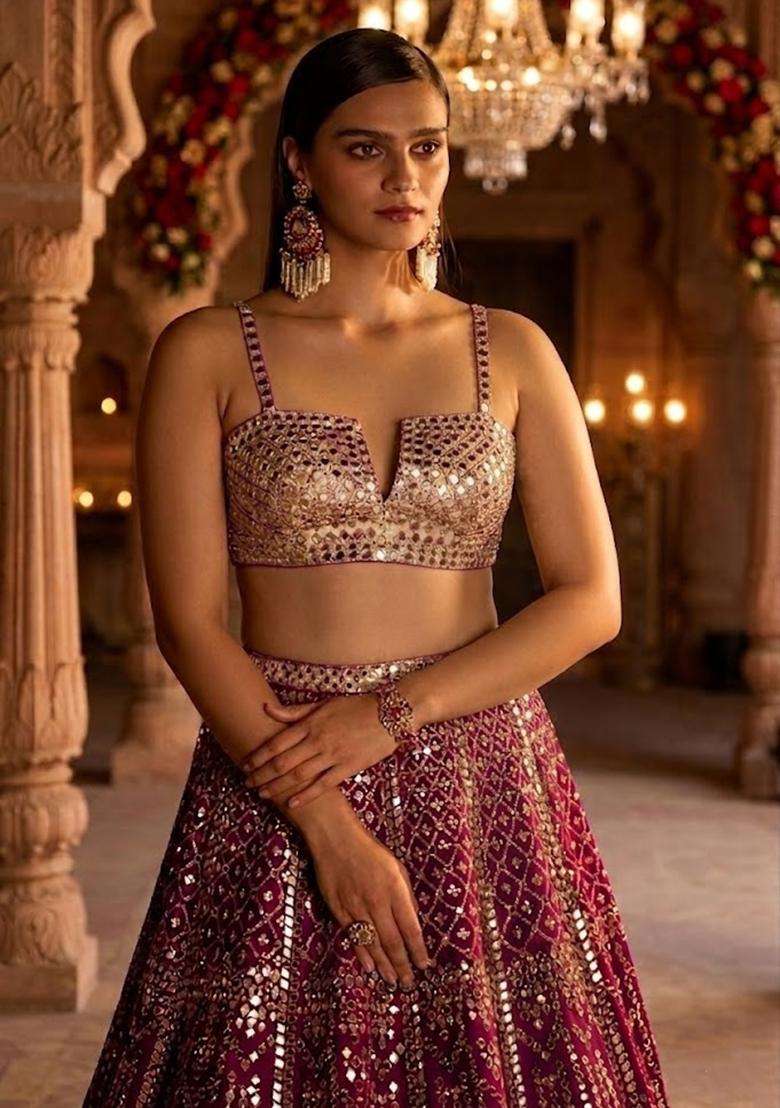 Magenta Embroidered Bridal Lehenga Set - Indya
