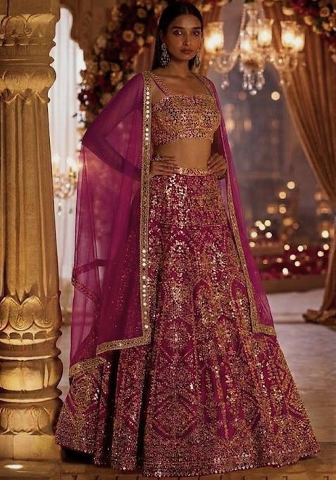 Magenta Embroidered Bridal Lehenga Set — view on Indya