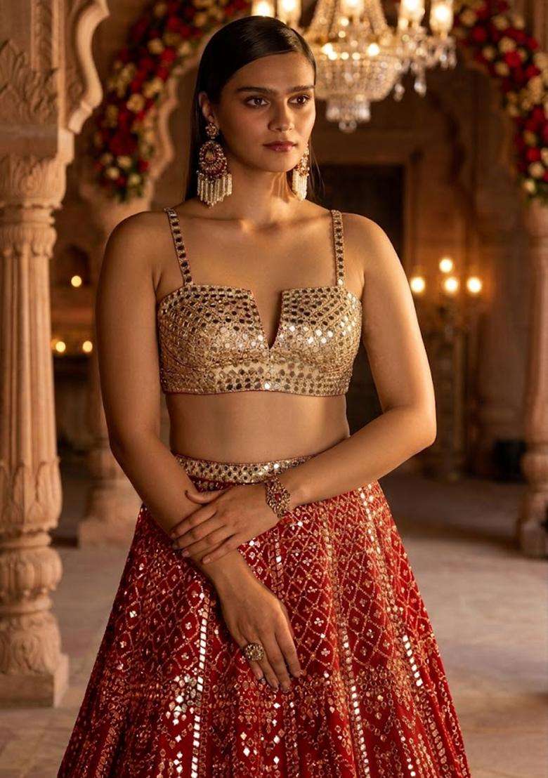 Red Embroidered Bridal Lehenga Set - Indya