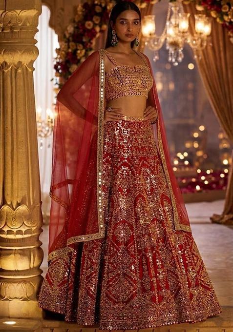 Red Embroidered Bridal Lehenga Set — view on Indya